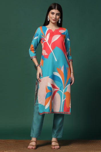 Womens Multicolor Cotton Blend Printed Calf Length Kurta With Trouser Set