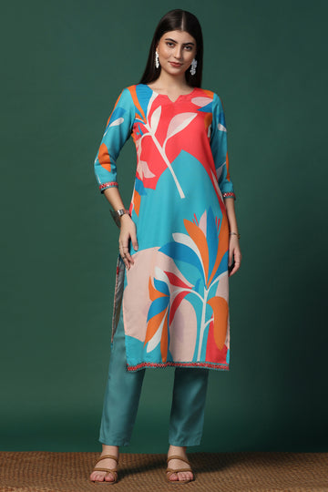 Womens Multicolor Cotton Blend Printed Calf Length Kurta With Trouser Set