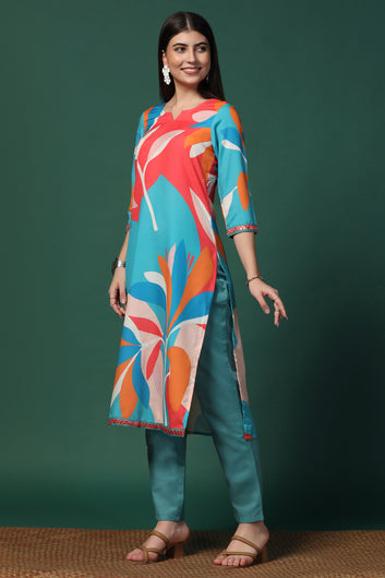 Womens Multicolor Cotton Blend Printed Calf Length Kurta With Trouser Set