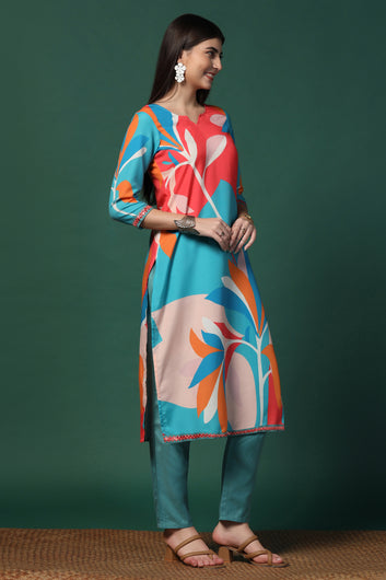 Womens Multicolor Cotton Blend Printed Calf Length Kurta With Trouser Set