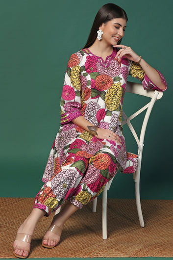 Womens Multicolor Cotton Blend Floral Printed Knee Length Kurta With Trouser Set