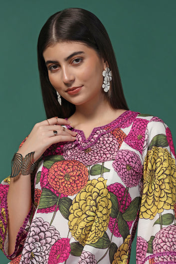 Womens Multicolor Cotton Blend Floral Printed Knee Length Kurta With Trouser Set