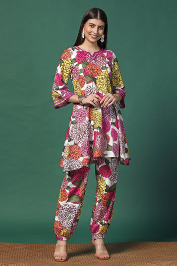 Womens Multicolor Cotton Blend Floral Printed Knee Length Kurta With Trouser Set