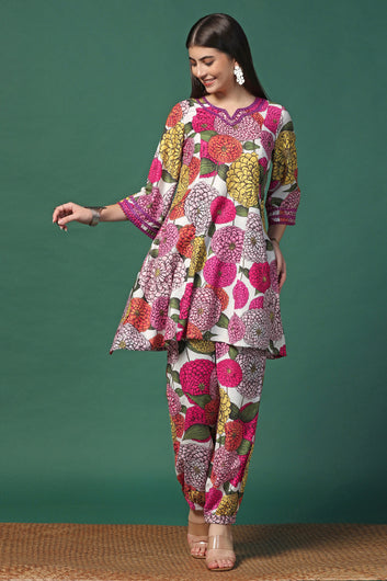 Womens Multicolor Cotton Blend Floral Printed Knee Length Kurta With Trouser Set