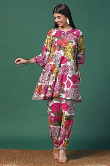 Womens Multicolor Cotton Blend Floral Printed Knee Length Kurta With Trouser Set