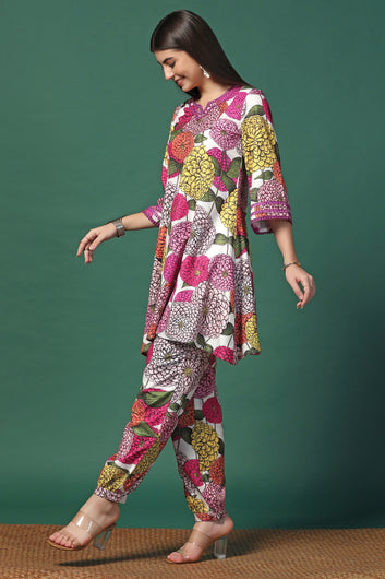 Womens Multicolor Cotton Blend Floral Printed Knee Length Kurta With Trouser Set