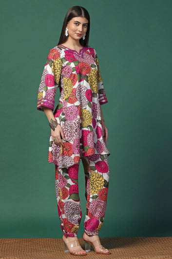 Womens Multicolor Cotton Blend Floral Printed Knee Length Kurta With Trouser Set