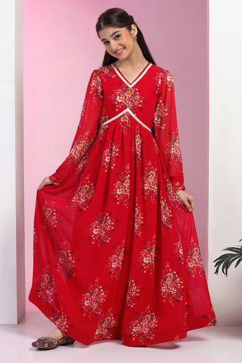 Girls Red Georgette Floral Printed Empire Waist Maxi Length Dress