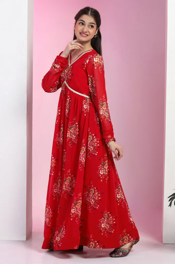 Girls Red Georgette Floral Printed Empire Waist Maxi Length Dress