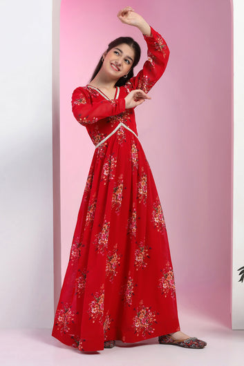 Girls Red Georgette Floral Printed Empire Waist Maxi Length Dress