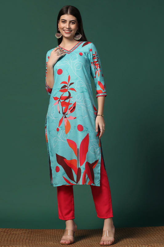 Womens Multicolor Cotton Blend Floral Printed Calf Length Kurta With Trouser Set