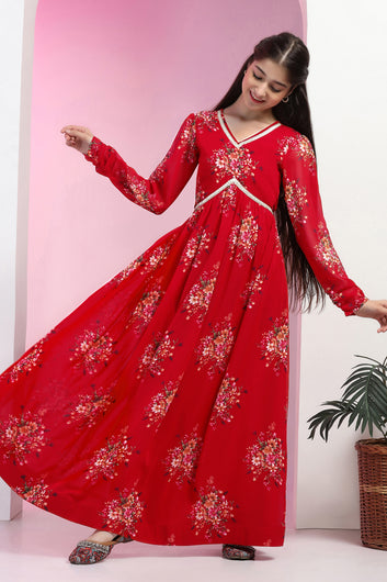 Girls Red Georgette Floral Printed Empire Waist Maxi Length Dress