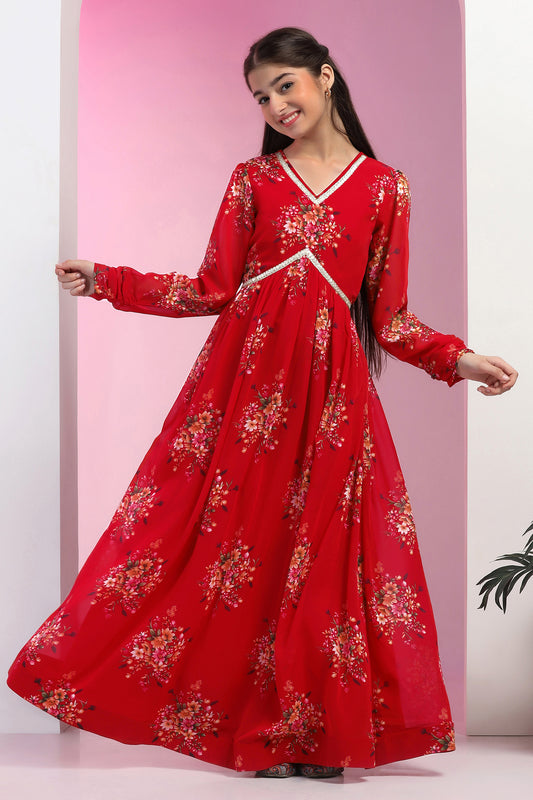 Girls Red Georgette Floral Printed Empire Waist Maxi Length Dress