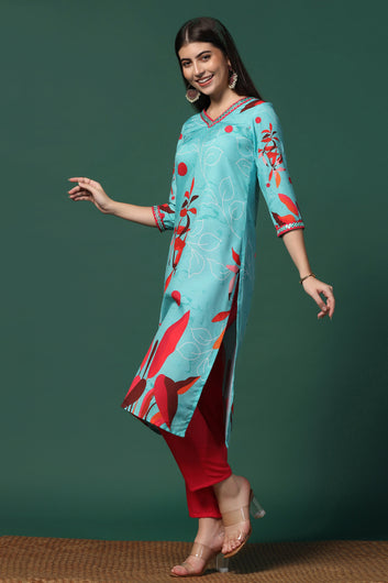 Womens Multicolor Cotton Blend Floral Printed Calf Length Kurta With Trouser Set