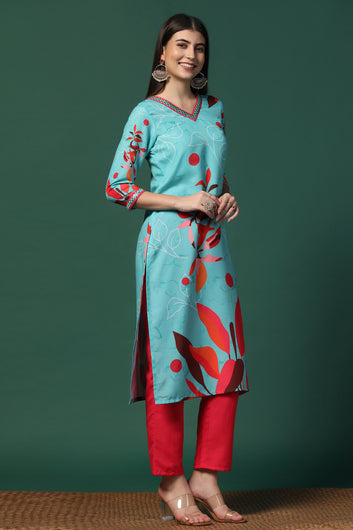 Womens Multicolor Cotton Blend Floral Printed Calf Length Kurta With Trouser Set