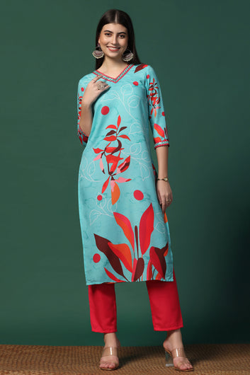 Womens Multicolor Cotton Blend Floral Printed Calf Length Kurta With Trouser Set