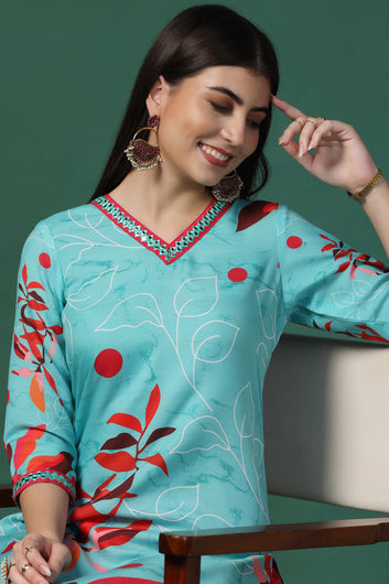 Womens Multicolor Cotton Blend Floral Printed Calf Length Kurta With Trouser Set