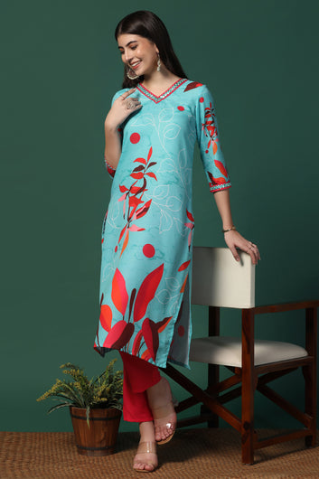 Womens Multicolor Cotton Blend Floral Printed Calf Length Kurta With Trouser Set