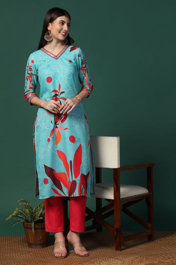 Womens Multicolor Cotton Blend Floral Printed Calf Length Kurta With Trouser Set