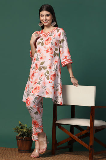 Womens Orange Cotton Blend Floral Printed Knee Length Kurta With Trouser Set