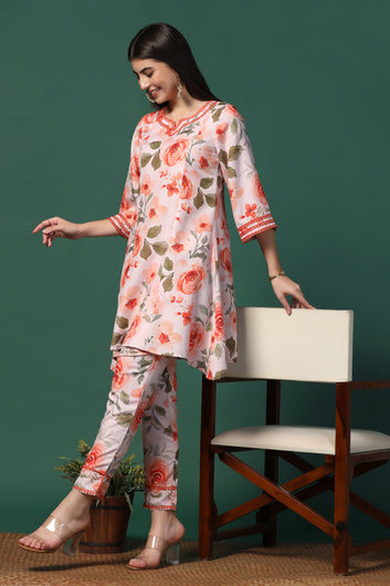 Womens Orange Cotton Blend Floral Printed Knee Length Kurta With Trouser Set