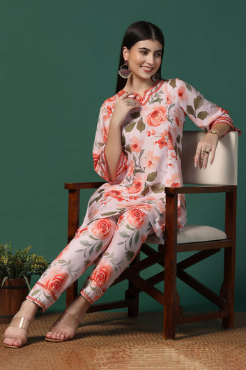 Womens Orange Cotton Blend Floral Printed Knee Length Kurta With Trouser Set