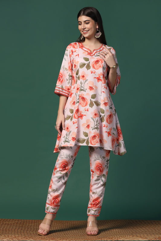 Womens Orange Cotton Blend Floral Printed Knee Length Kurta With Trouser Set