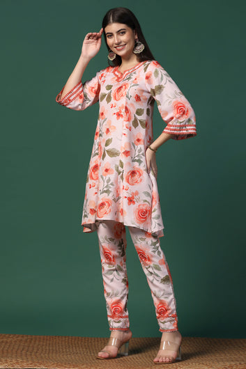 Womens Orange Cotton Blend Floral Printed Knee Length Kurta With Trouser Set