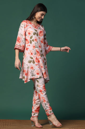 Womens Orange Cotton Blend Floral Printed Knee Length Kurta With Trouser Set