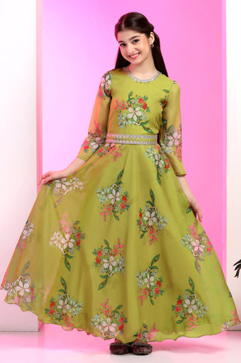 Girls Mehndi Organza Floral Printed Fit & Flare Maxi Length Dress