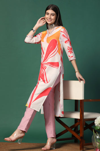 Womens Multicolor Cotton Blend Floral Printed Calf Length Kurta With Trouser Set