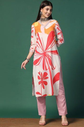 Womens Multicolor Cotton Blend Floral Printed Calf Length Kurta With Trouser Set