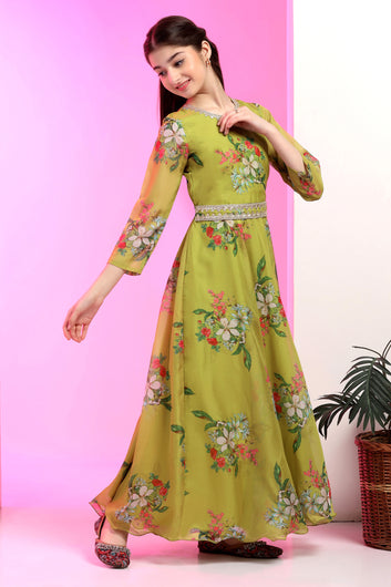 Girls Mehndi Organza Floral Printed Fit & Flare Maxi Length Dress