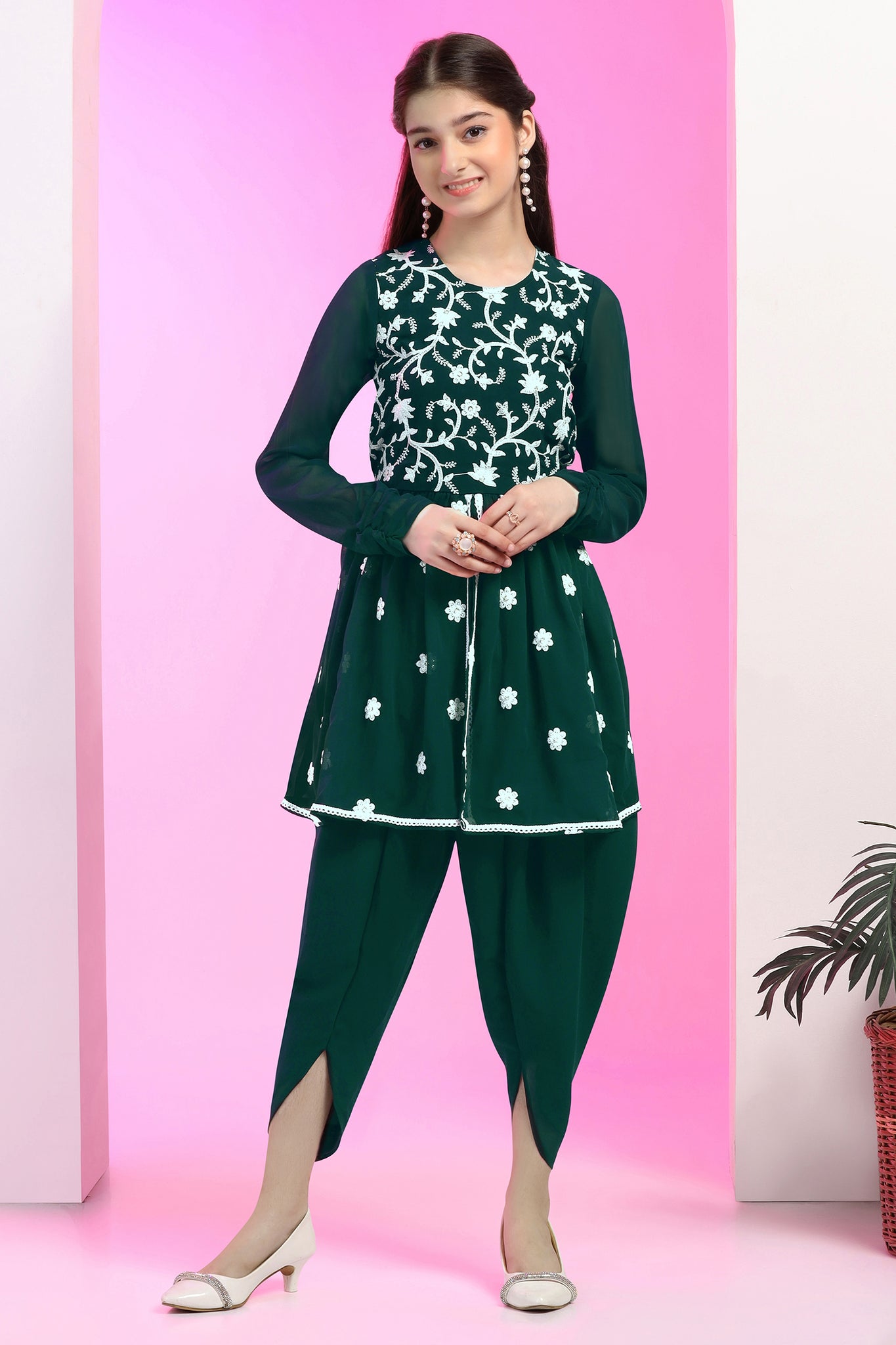 Girls Bottel Green Georgette Embroidered Kurta and Dhoti Set