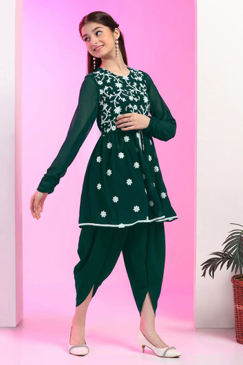 Girls Bottel Green Georgette Embroidered Kurta and Dhoti Set