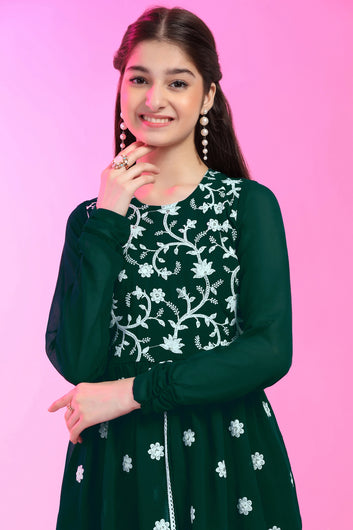 Girls Bottel Green Georgette Embroidered Kurta and Dhoti Set