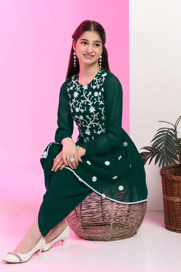 Girls Bottel Green Georgette Embroidered Kurta and Dhoti Set