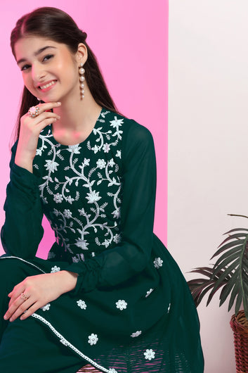 Girls Bottel Green Georgette Embroidered Kurta and Dhoti Set