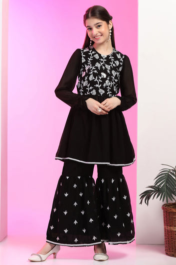 Girls Black Georgette Embroidered Peplum Style Kurta and Sharara Set