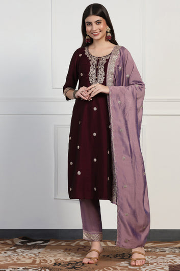 Womens Violet Vichitra Embroidered Calf Length Kurta And Trouser With Dupatta Set