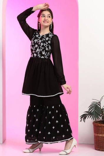 Girls Black Georgette Embroidered Peplum Style Kurta and Sharara Set