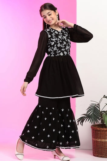 Girls Black Georgette Embroidered Peplum Style Kurta and Sharara Set