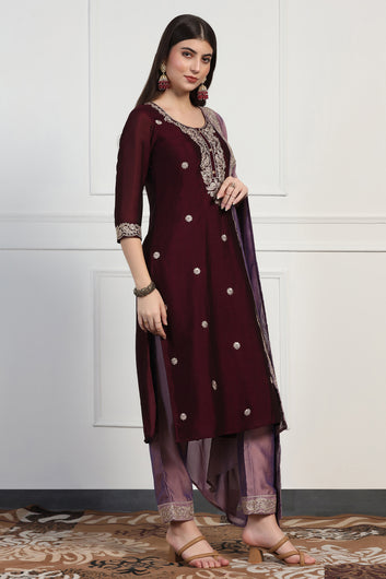 Womens Violet Vichitra Embroidered Calf Length Kurta And Trouser With Dupatta Set