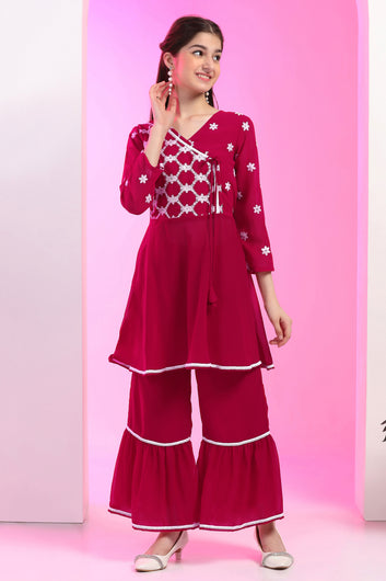 Girls Rani Georgette Embroidered Knee Length A-Line Kurta With Sharara Set