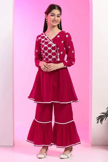 Girls Rani Georgette Embroidered Knee Length A-Line Kurta With Sharara Set