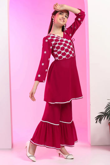 Girls Rani Georgette Embroidered Knee Length A-Line Kurta With Sharara Set