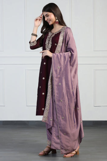 Womens Violet Vichitra Embroidered Calf Length Kurta And Trouser With Dupatta Set