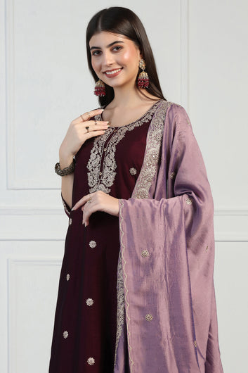 Womens Violet Vichitra Embroidered Calf Length Kurta And Trouser With Dupatta Set