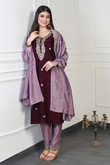 Womens Violet Vichitra Embroidered Calf Length Kurta And Trouser With Dupatta Set