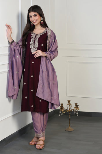 Womens Violet Vichitra Embroidered Calf Length Kurta And Trouser With Dupatta Set